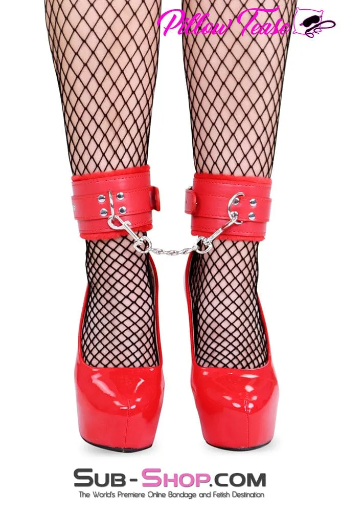 0832DL      Red Fur Lined Ankle Bondage Cuffs with Chain - MEGA Deal