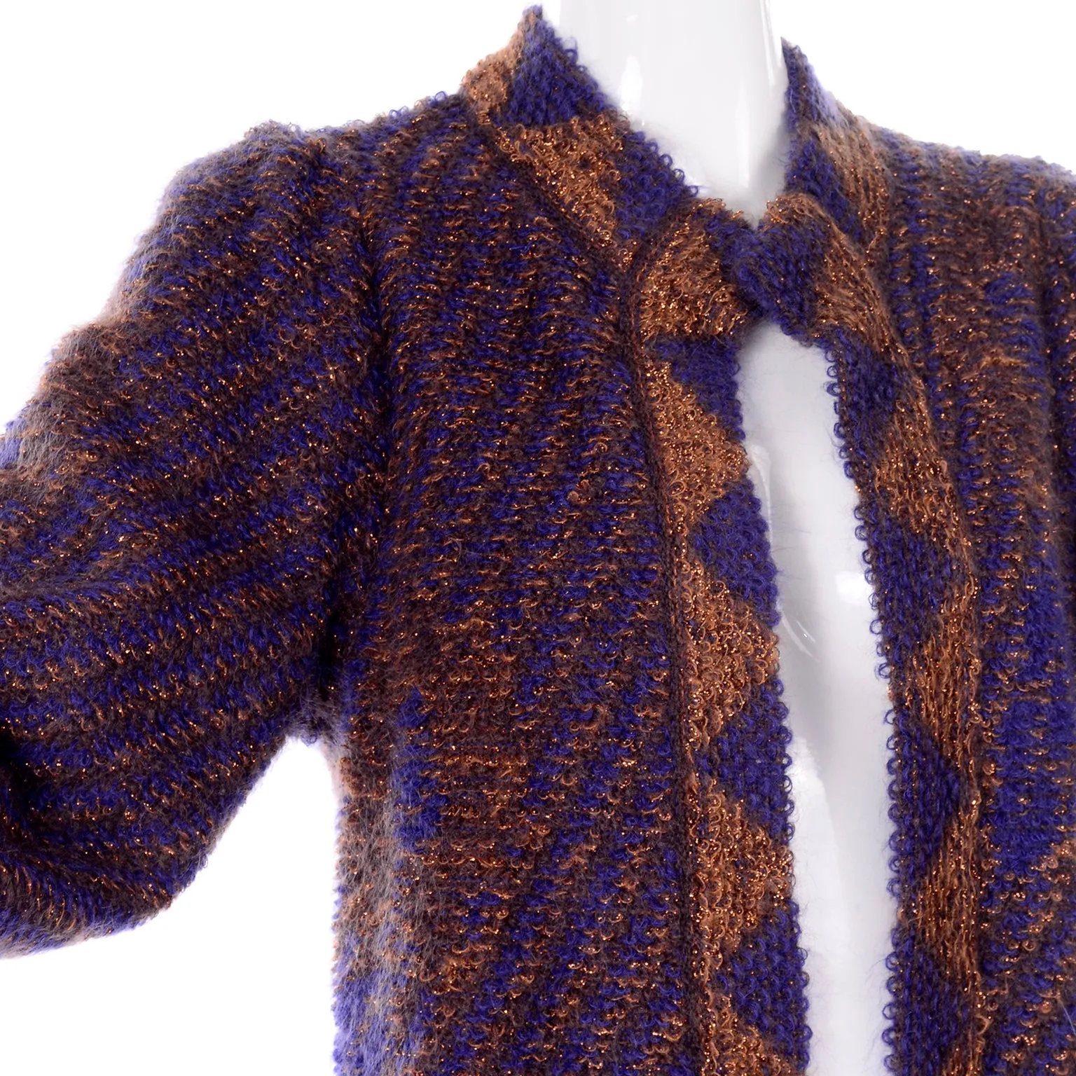 1980s Escada by Margaretha Ley Metallic Copper Purple Royal Blue Mohair Sweater