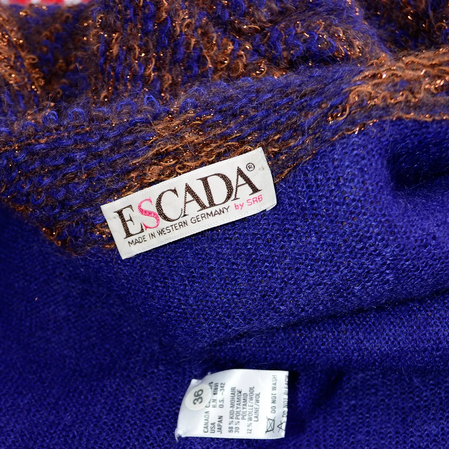 1980s Escada by Margaretha Ley Metallic Copper Purple Royal Blue Mohair Sweater