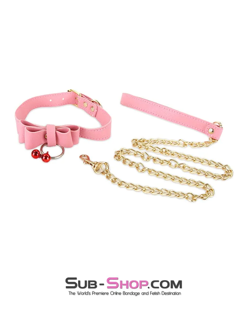 7337M      Precious Pet Bow Bondage Slave Collar with Bell and Gold Chain Leash