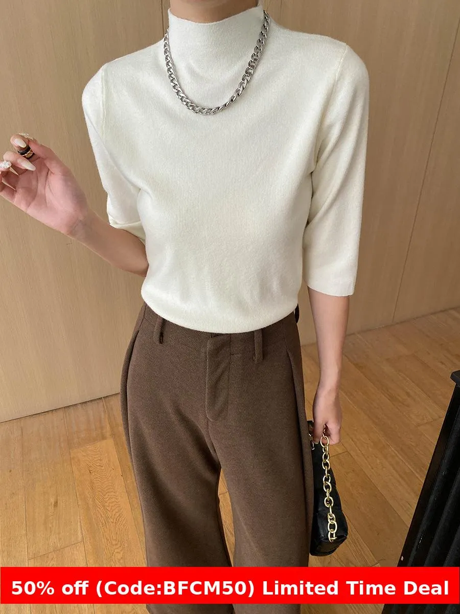 Amozae brown fur boots outfit Sinan High-End Commuter Elegant Simple Half Turtleneck Shoulder Slimming 3/4 Sleeve Sweater Sn6269