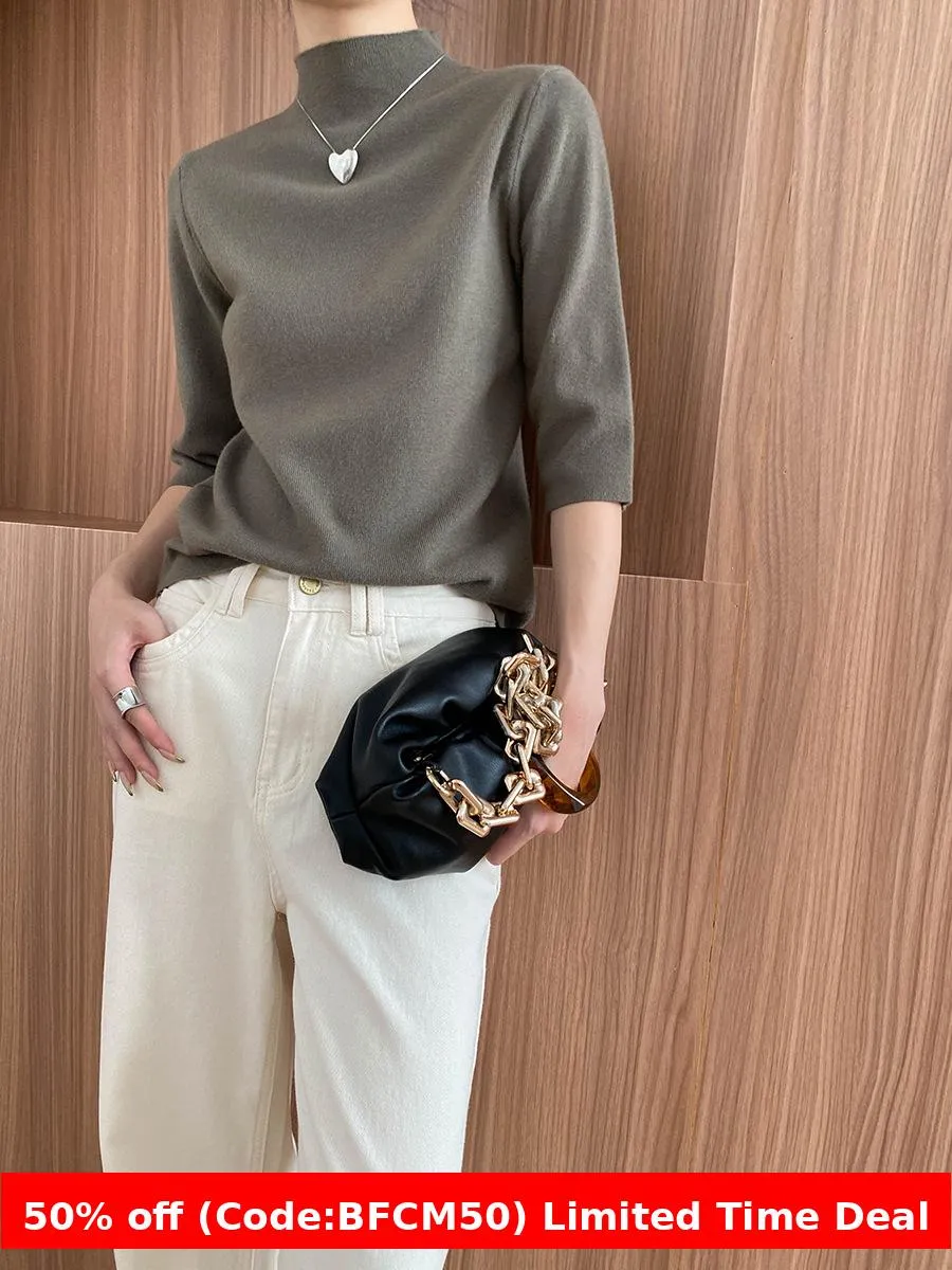 Amozae brown fur boots outfit Sinan High-End Commuter Elegant Simple Half Turtleneck Shoulder Slimming 3/4 Sleeve Sweater Sn6269