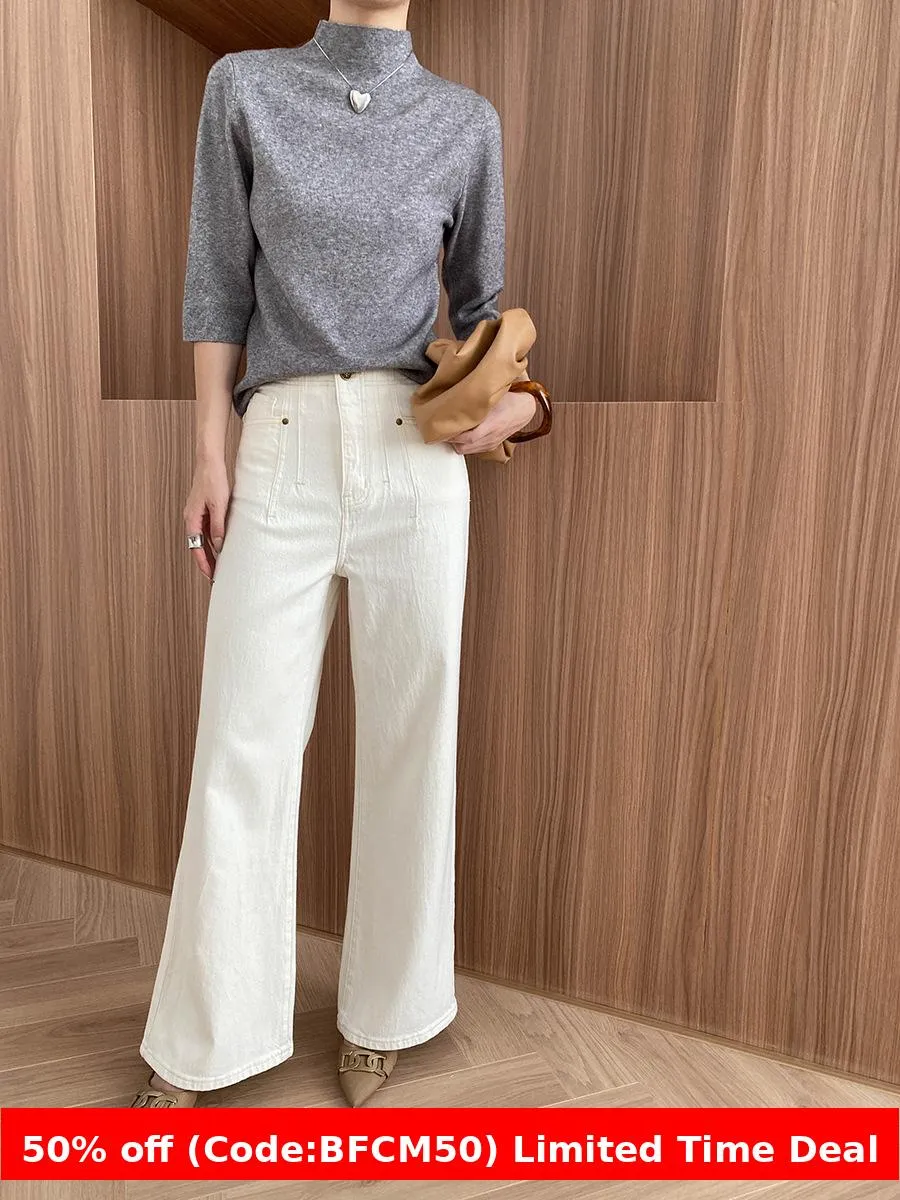 Amozae brown fur boots outfit Sinan High-End Commuter Elegant Simple Half Turtleneck Shoulder Slimming 3/4 Sleeve Sweater Sn6269