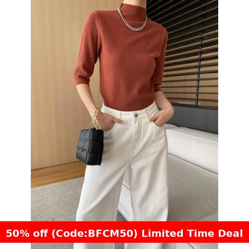 Amozae brown fur boots outfit Sinan High-End Commuter Elegant Simple Half Turtleneck Shoulder Slimming 3/4 Sleeve Sweater Sn6269