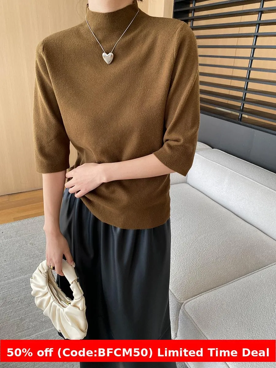 Amozae brown fur boots outfit Sinan High-End Commuter Elegant Simple Half Turtleneck Shoulder Slimming 3/4 Sleeve Sweater Sn6269