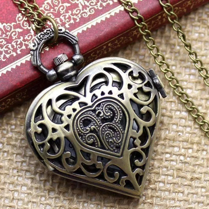 Antique Bronze Heart Locket Pocket Watch for Woman