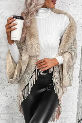 Apricot Stripe Fur Collar Tassel Hem Sweater Cape