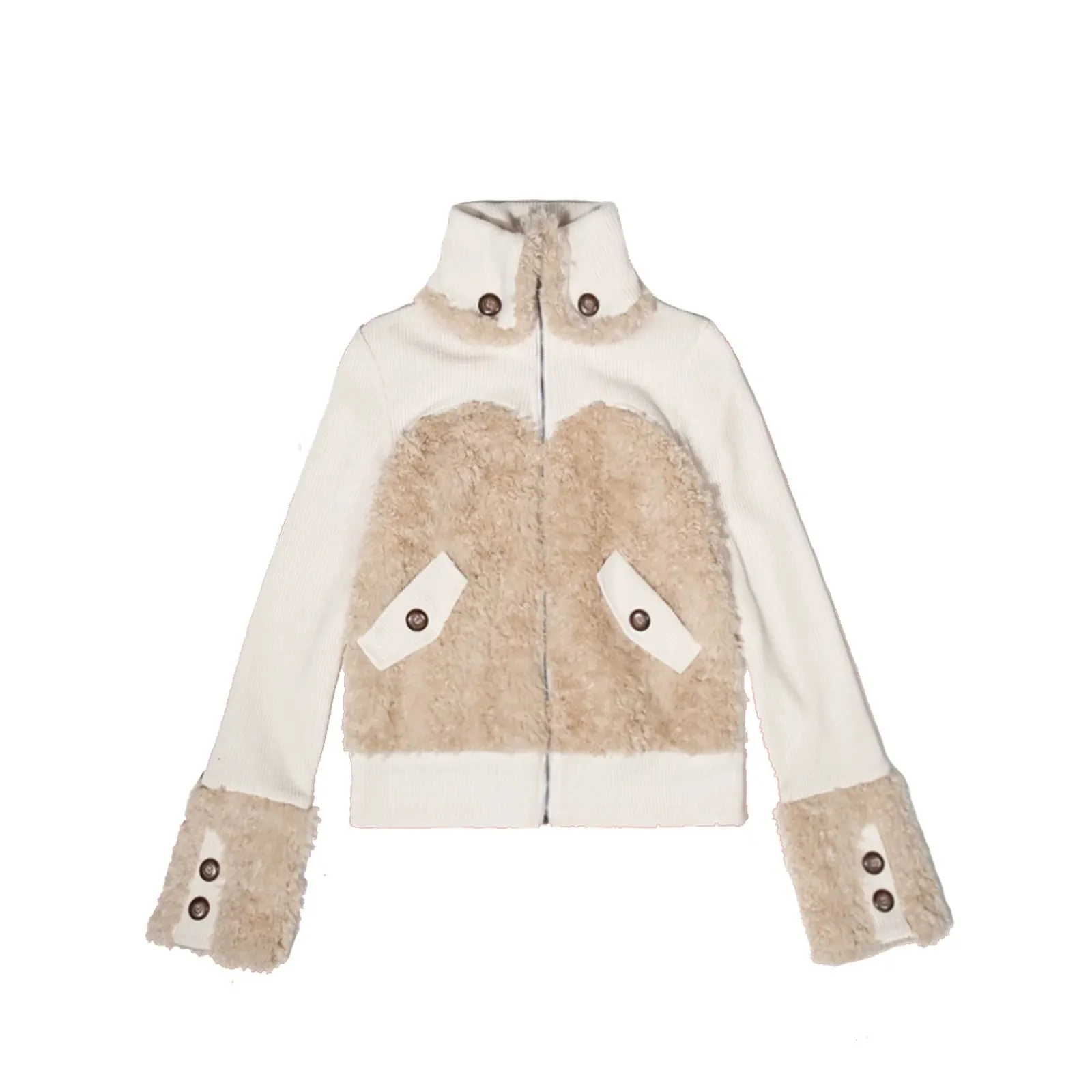 ARIADNAw Faux Fur Paneled Zip-Up Jacket - Cream and Brown