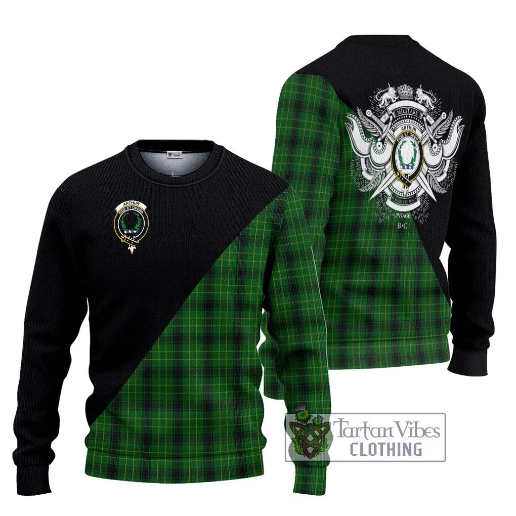 Arthur Highland Tartan Ugly Sweater with Family Crest and Military Logo Style