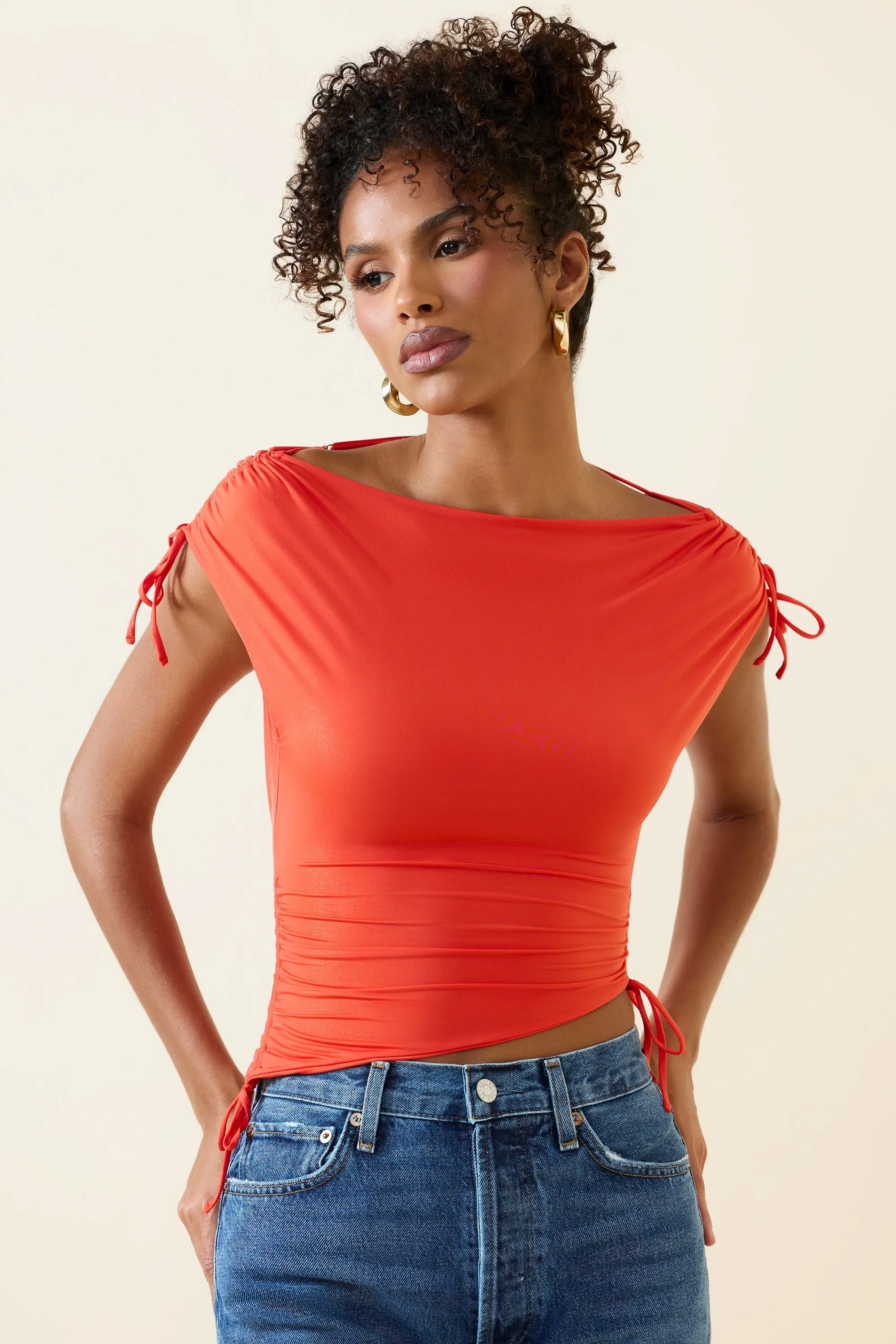 Asymmetric Ruched Cowl-Back Crop Top in Scarlet