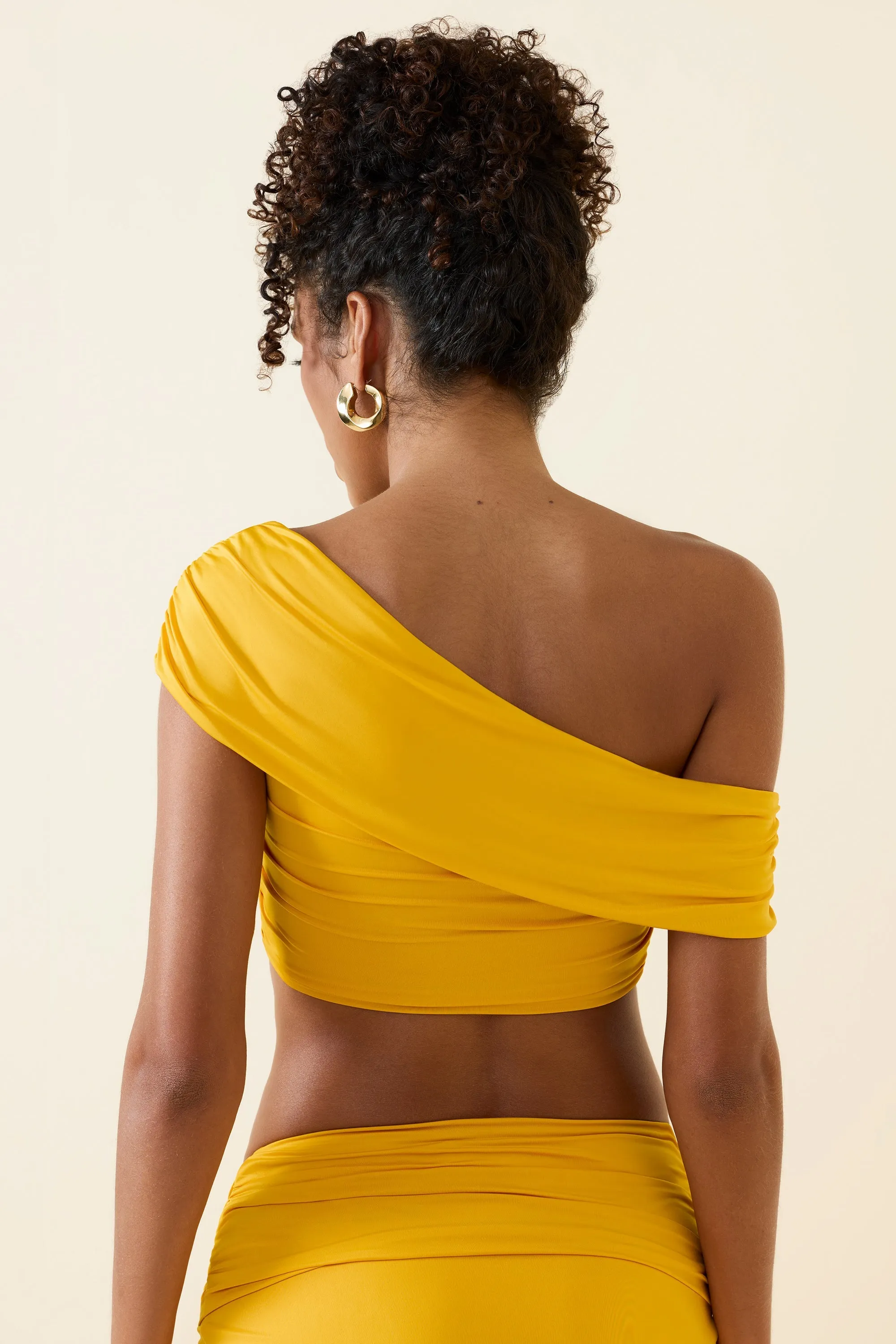 Asymmetric Ruched Off-Shoulder Crop Top in Golden Yellow