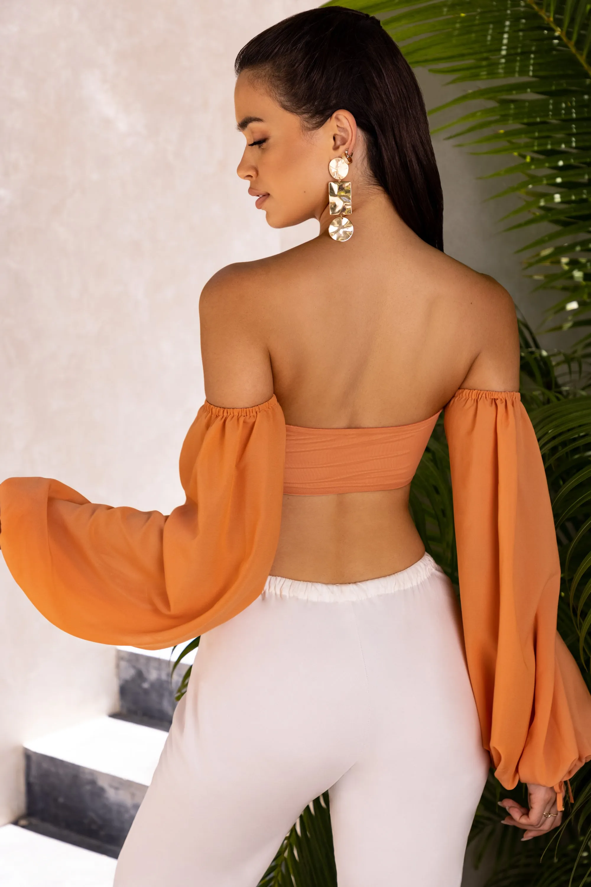 Bardot Cut Out Crop Top in Caramel