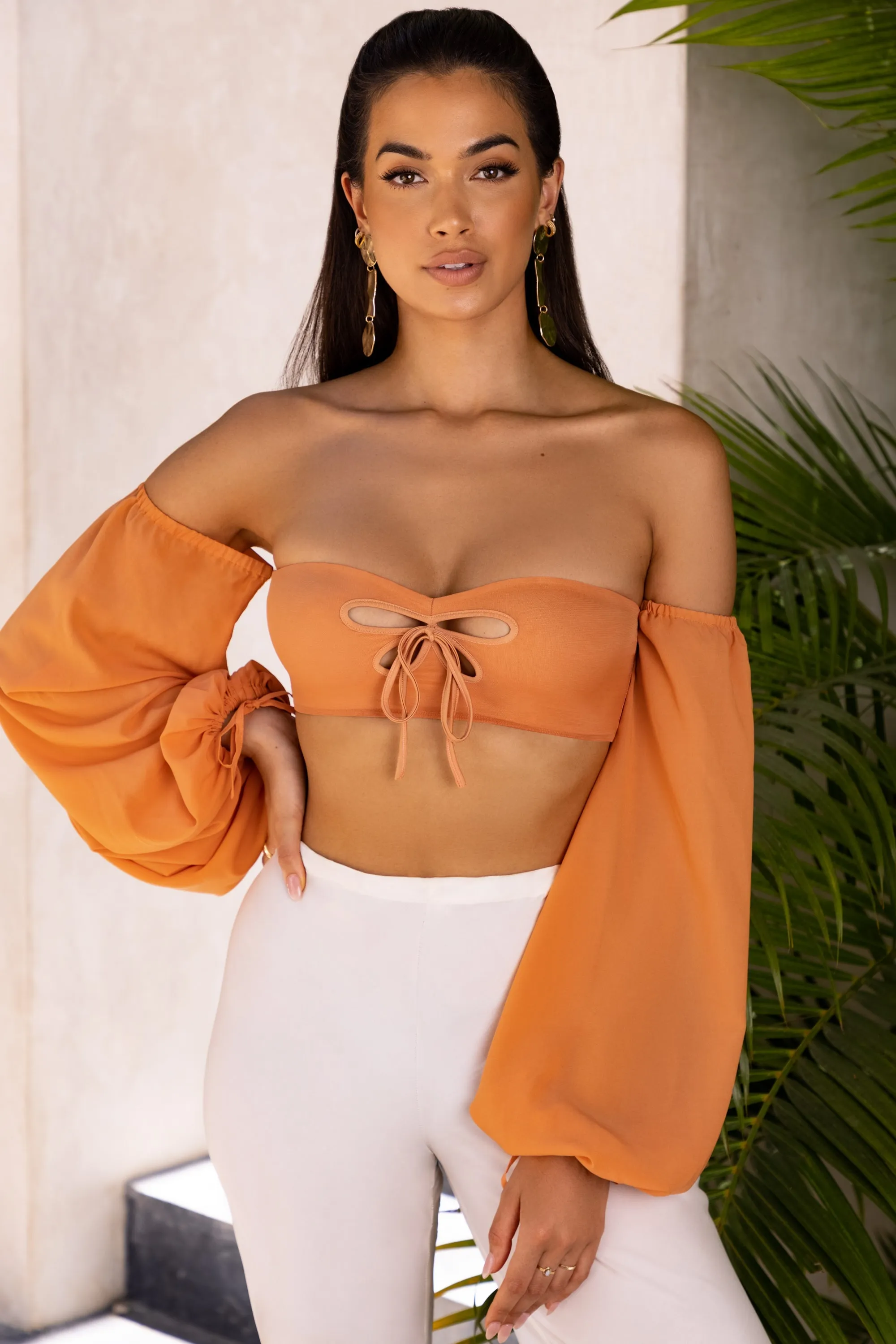 Bardot Cut Out Crop Top in Caramel