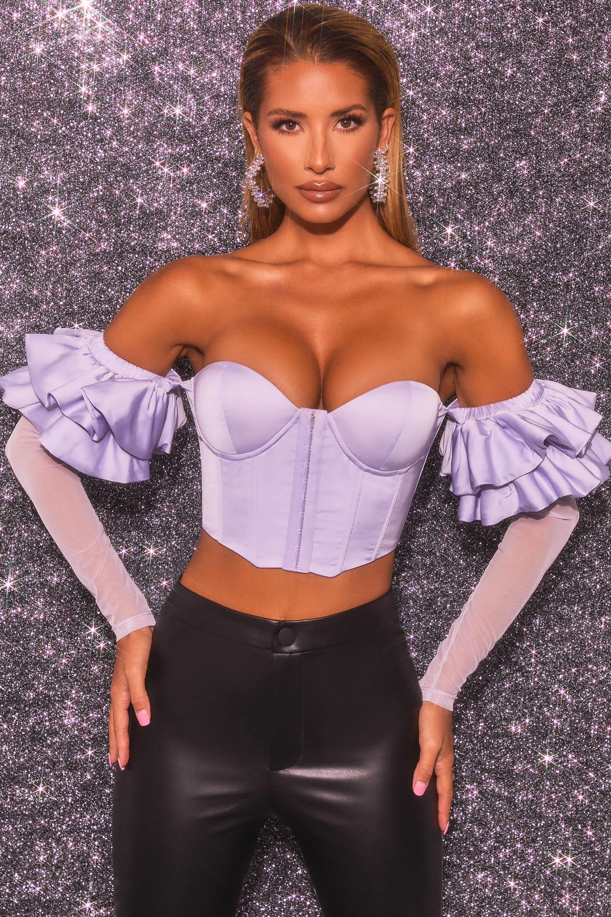 Bardot Long Ruffle Sleeve Corset Crop Top in Lilac