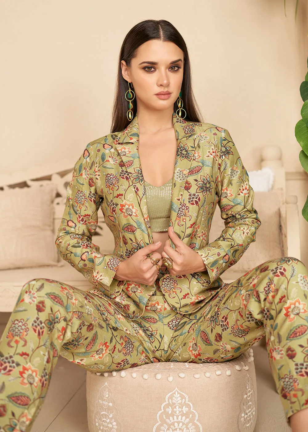 Beauteous Sheen Green Silk Party Wear 3 Piece Co-ord Sets