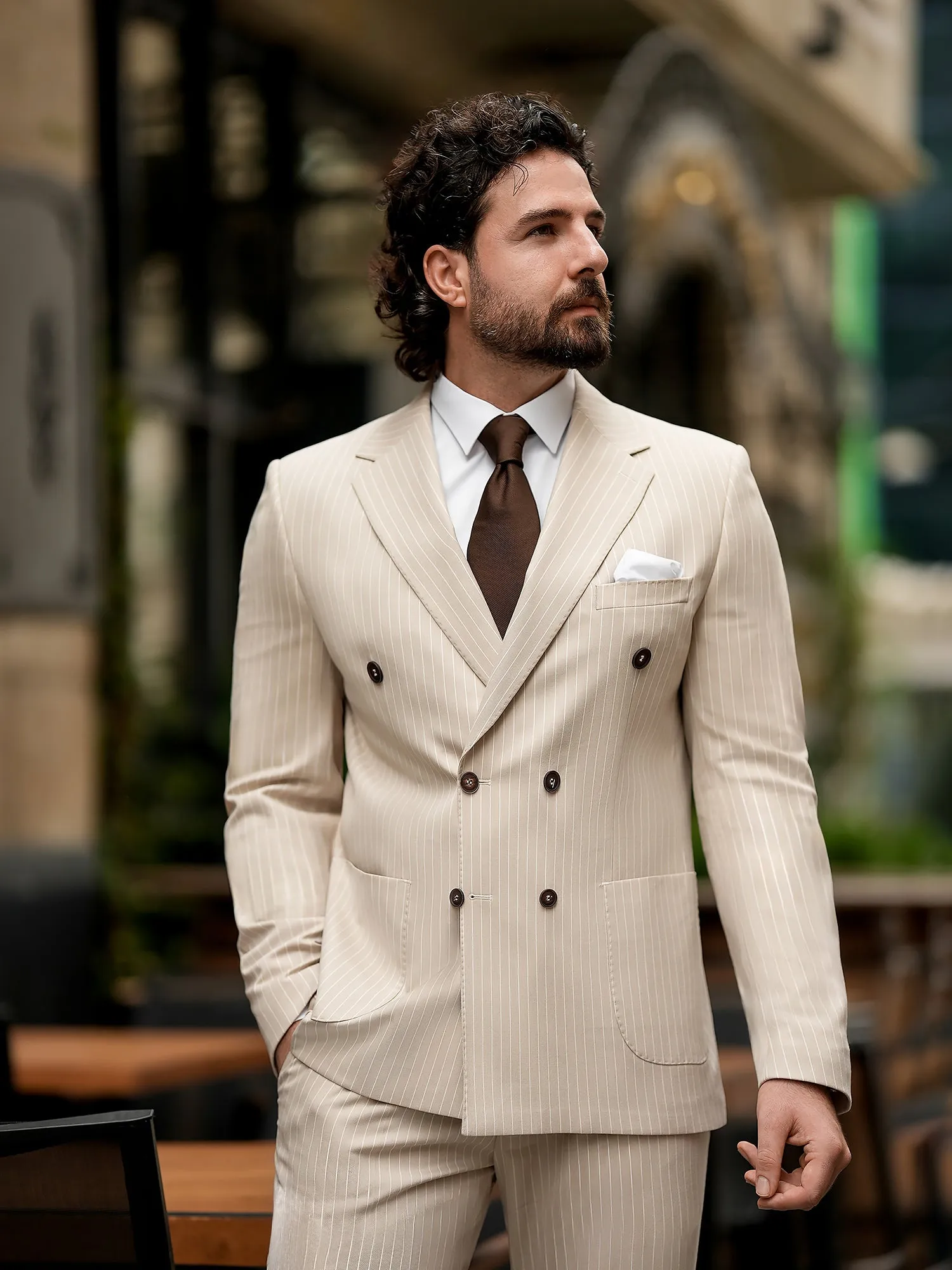 Beige Striped Double Breasted Suit 2-Piece