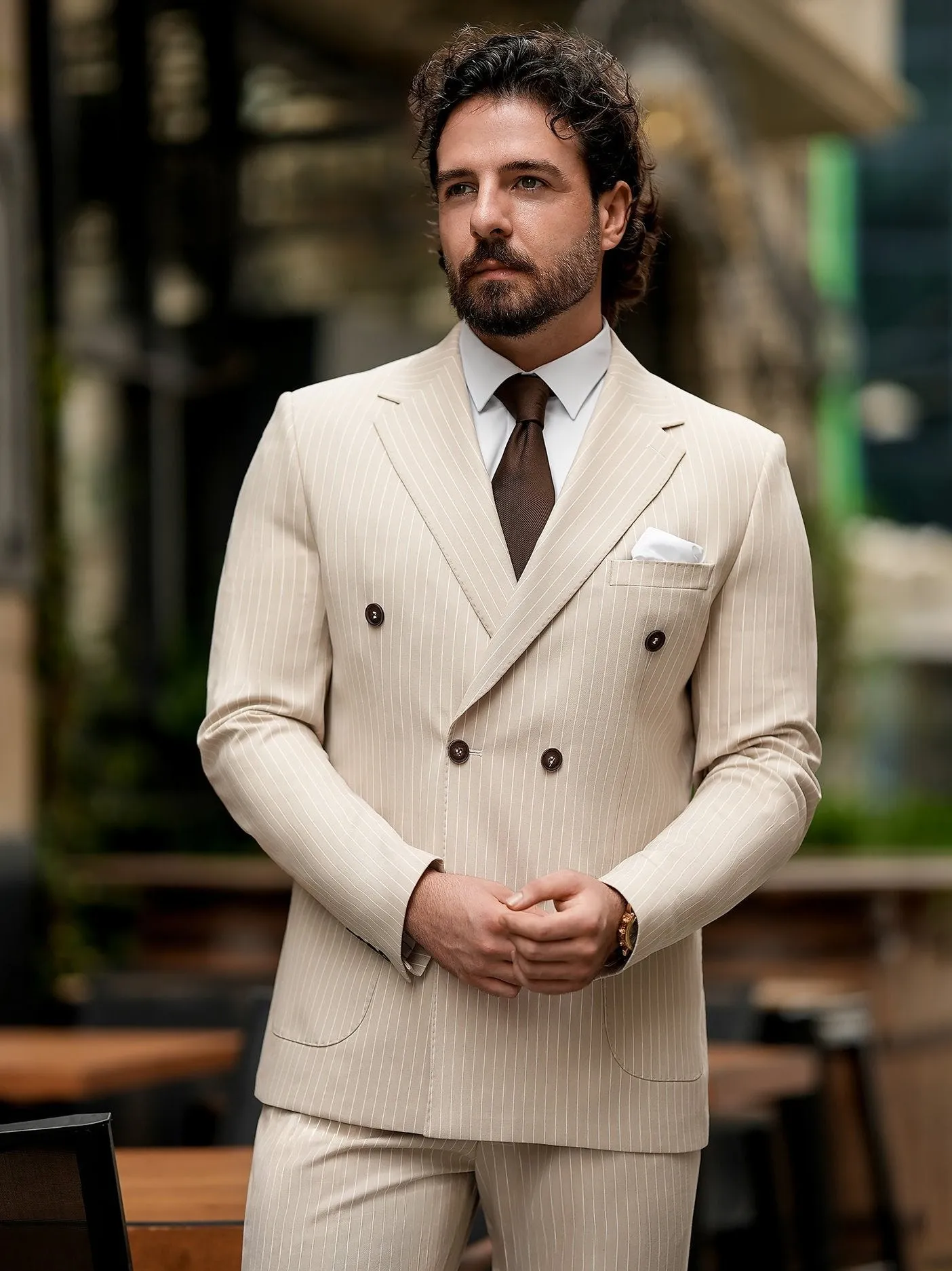 Beige Striped Double Breasted Suit 2-Piece