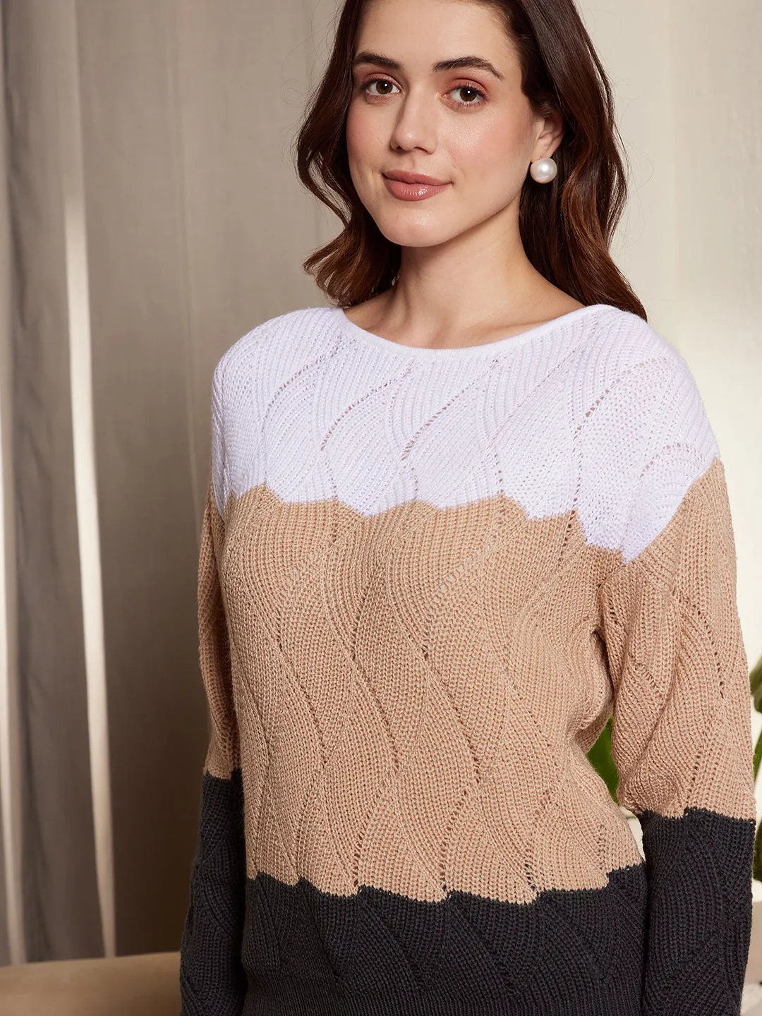 Berrylush Women White, Beige, & Black Colourblocked Pattern Boat Neck Drop-Shoulder Sleeves Ribbed Hem Regular Sweater