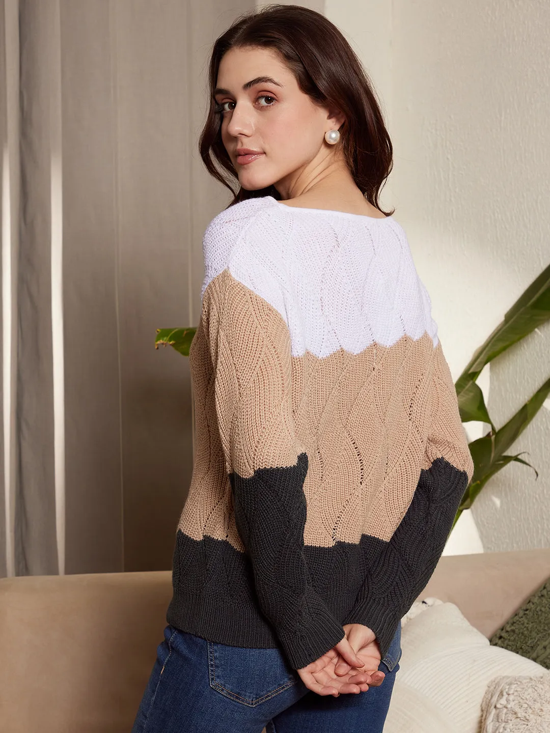 Berrylush Women White, Beige, & Black Colourblocked Pattern Boat Neck Drop-Shoulder Sleeves Ribbed Hem Regular Sweater