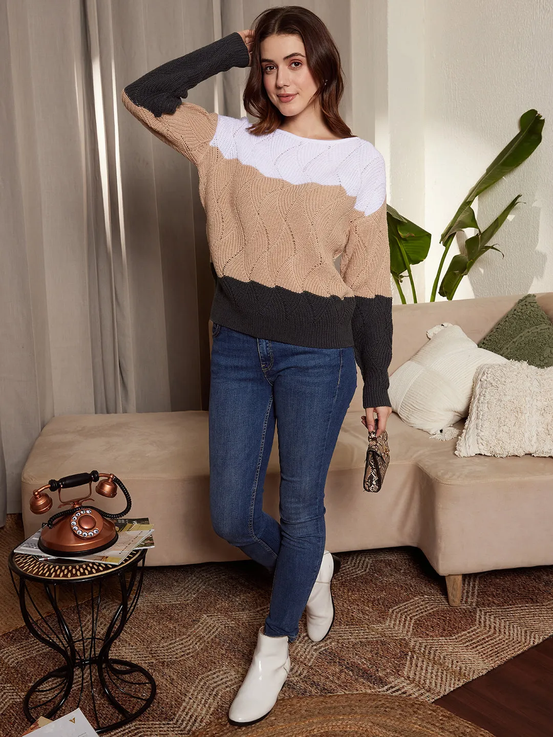 Berrylush Women White, Beige, & Black Colourblocked Pattern Boat Neck Drop-Shoulder Sleeves Ribbed Hem Regular Sweater