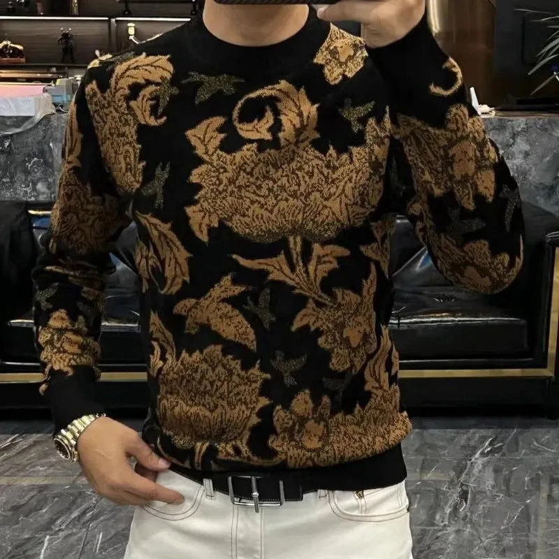 Black Bronze Floral O-Neck Printing Sweater