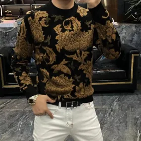 Black Bronze Floral O-Neck Printing Sweater