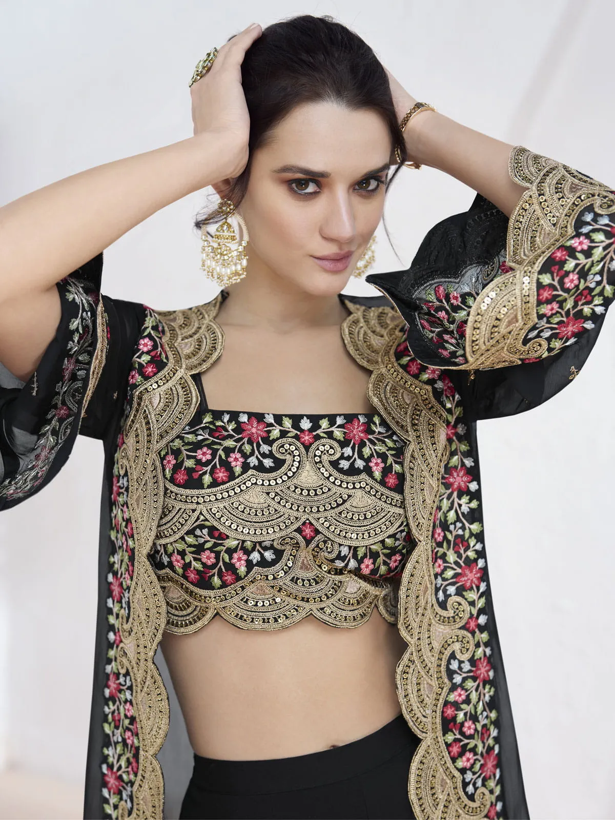 Black Multi Embroidered Designer Jacket Style Lehenga