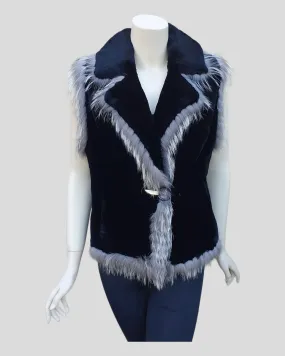 Black Sheared Beaver Fur Vest w/ Fox Fur Trim -M/S