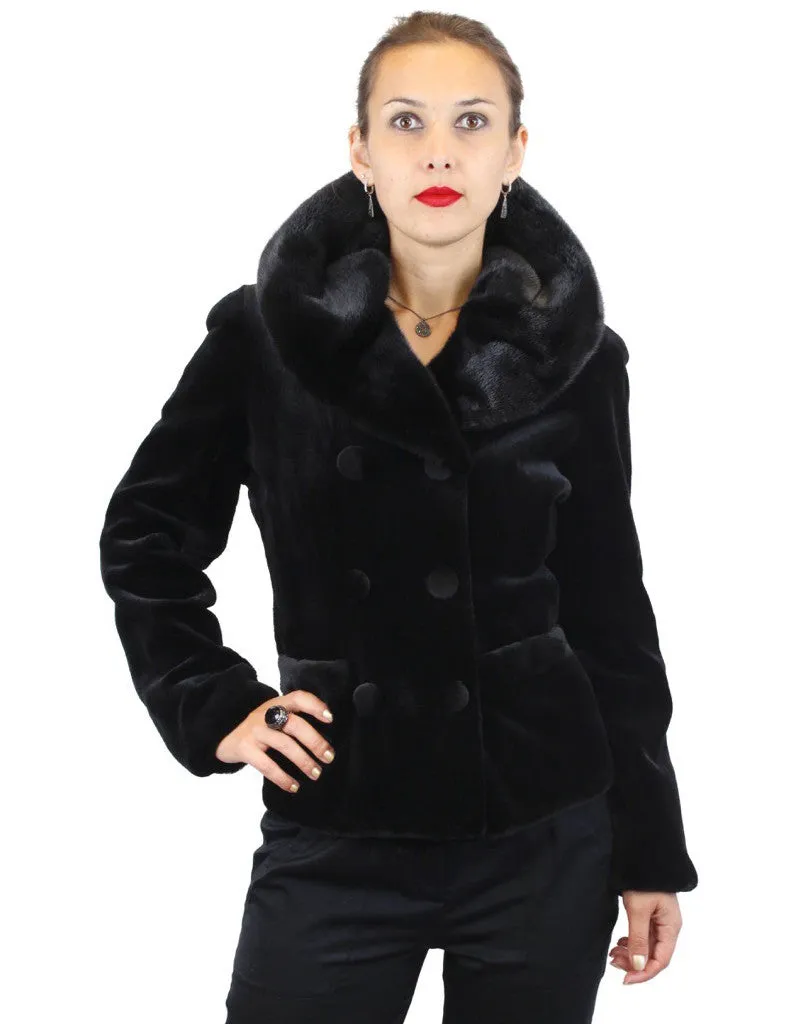 BLACK SHEARED MINK FUR FITTED DOUBLE-BREASTED JACKET W/ UNSHEARED BLACKGLAMA MINK COLLAR