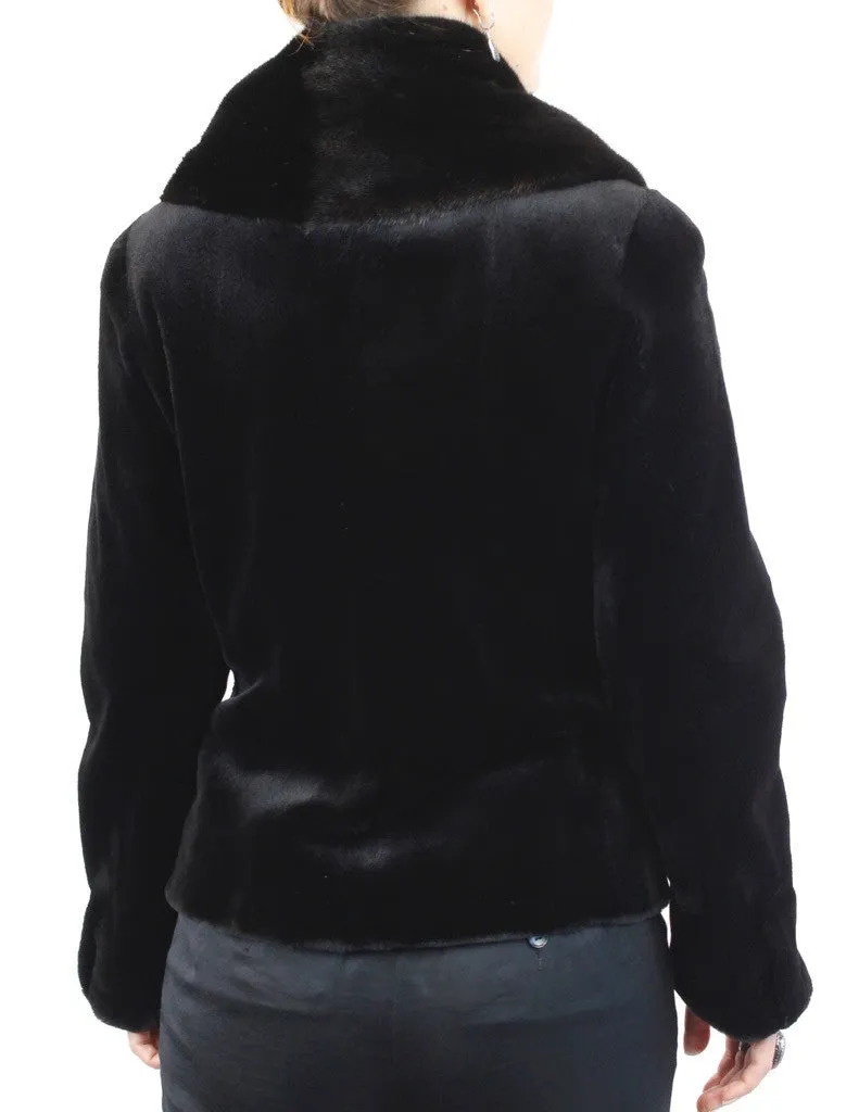 BLACK SHEARED MINK FUR FITTED DOUBLE-BREASTED JACKET W/ UNSHEARED BLACKGLAMA MINK COLLAR