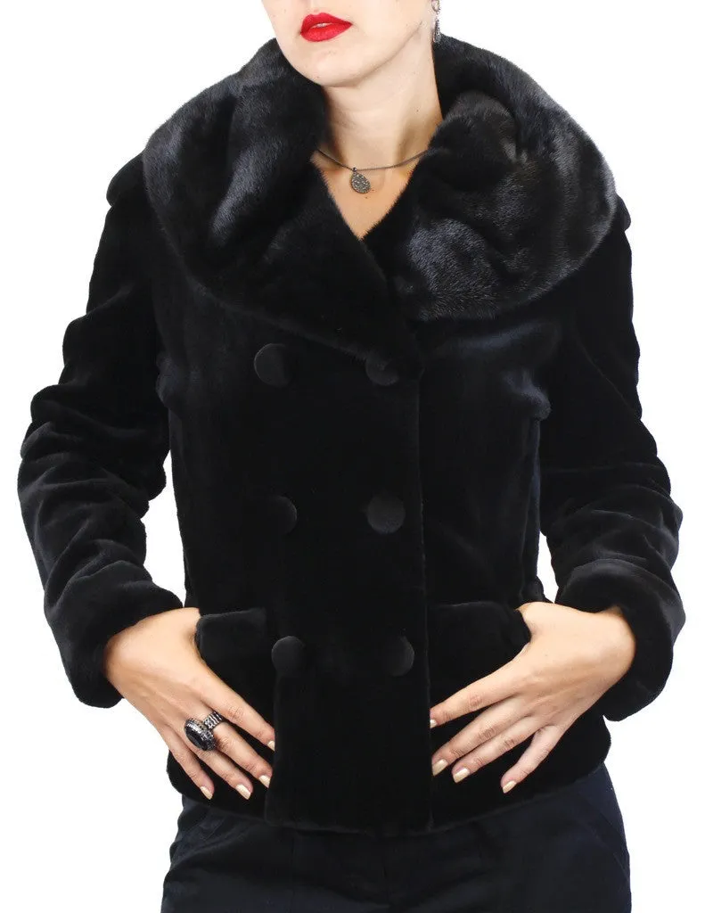 BLACK SHEARED MINK FUR FITTED DOUBLE-BREASTED JACKET W/ UNSHEARED BLACKGLAMA MINK COLLAR