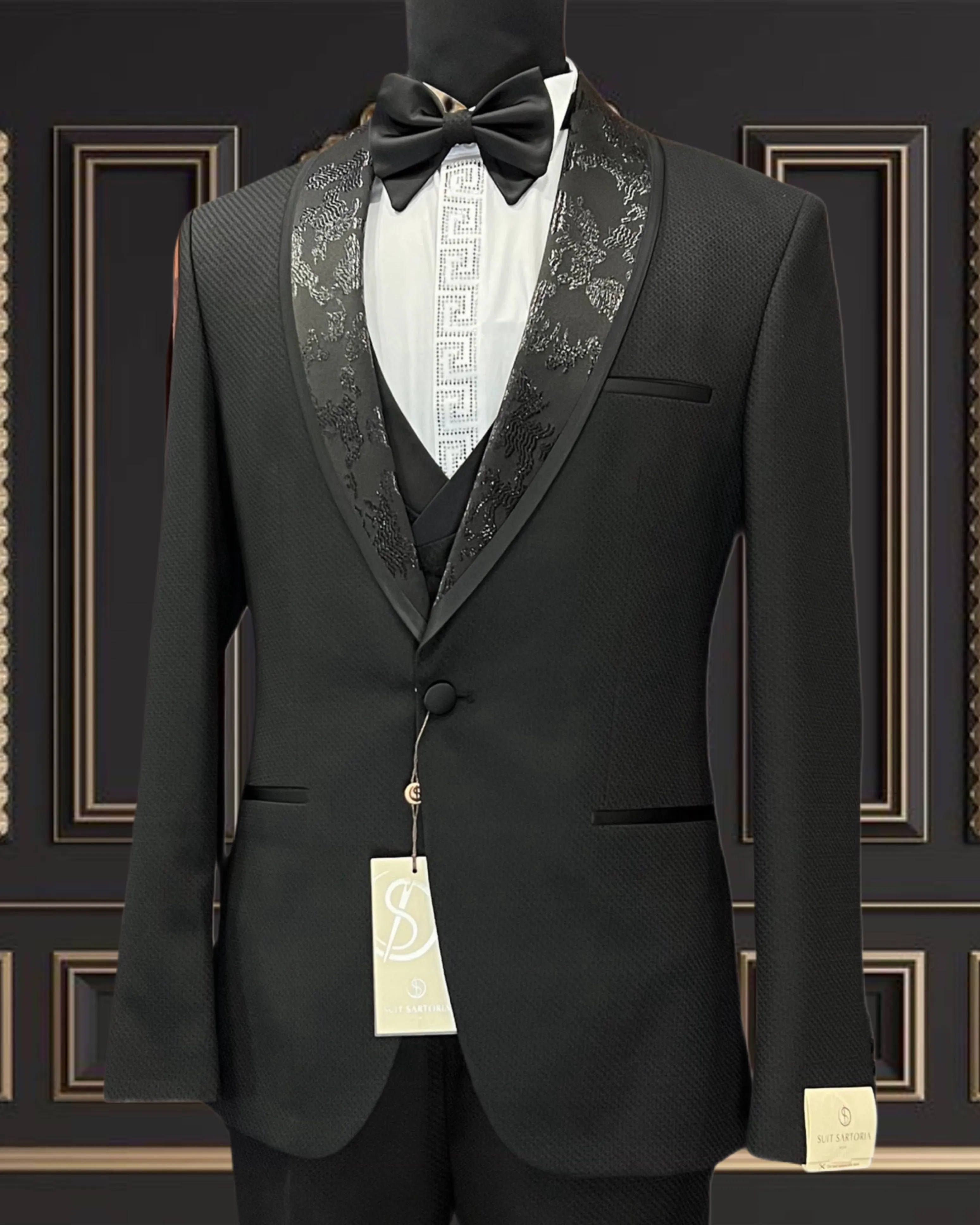 Black Single Breasted Tuxedo With Vest | Slim Fit