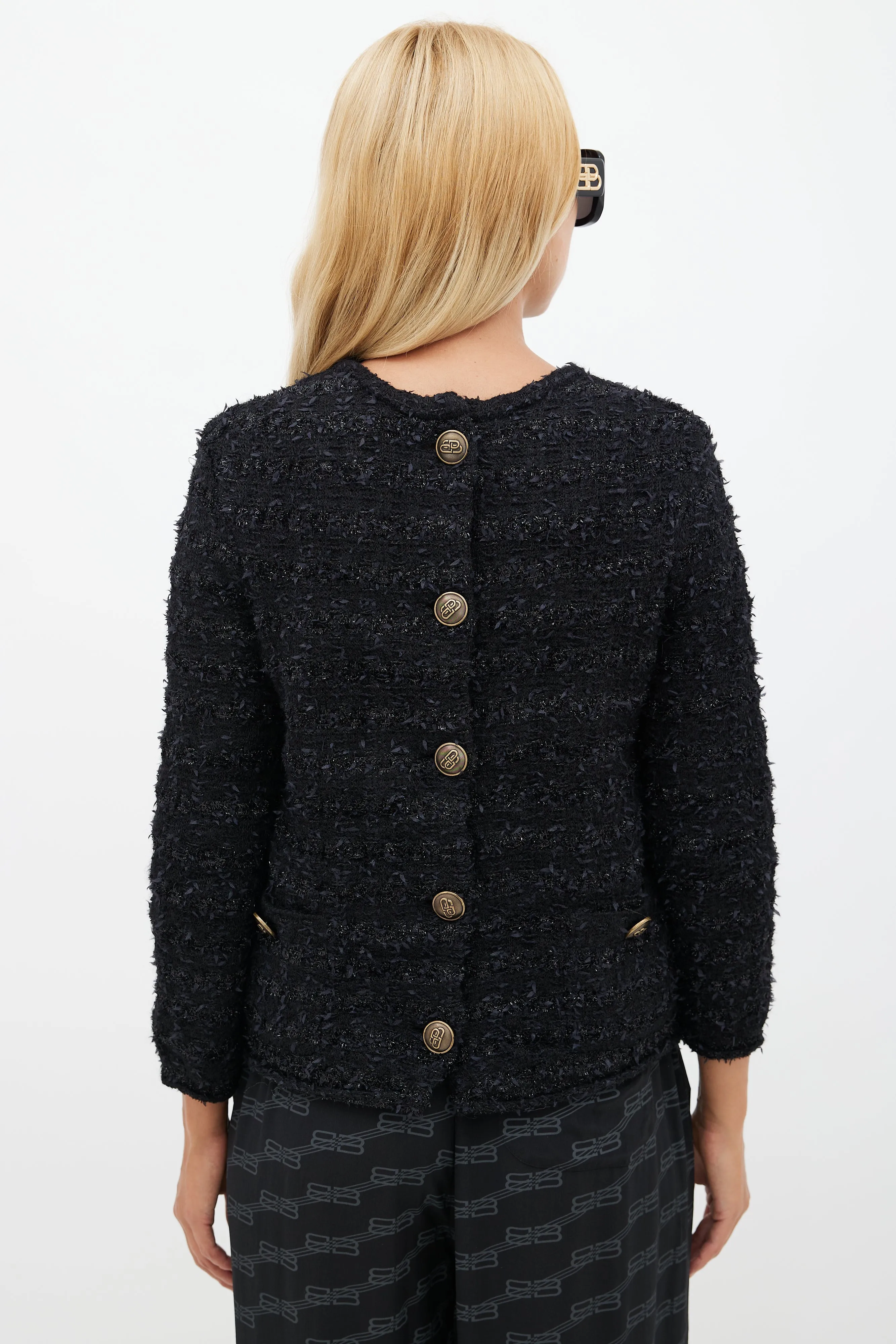 Black Tweed Button Back Sweater