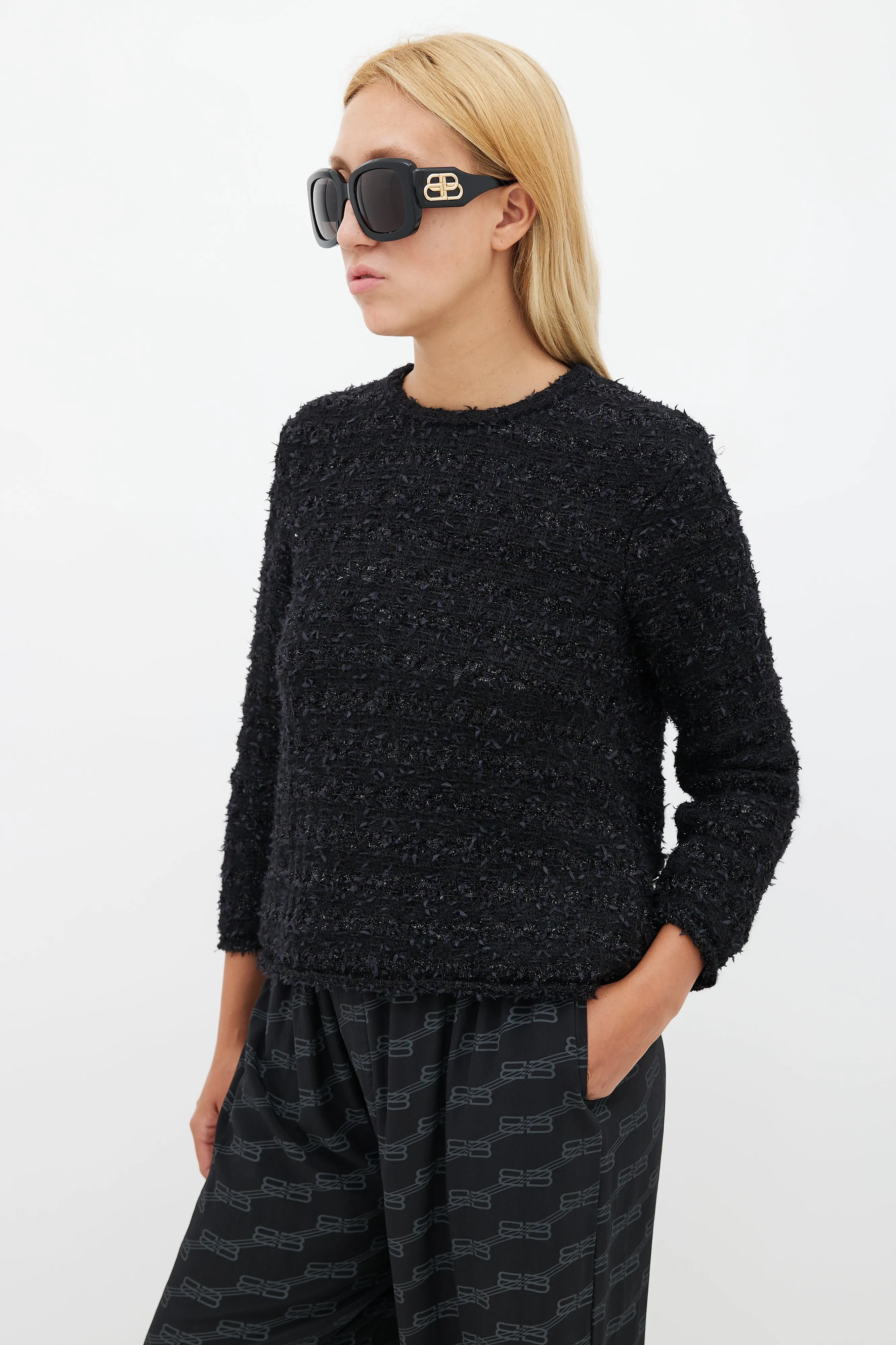 Black Tweed Button Back Sweater