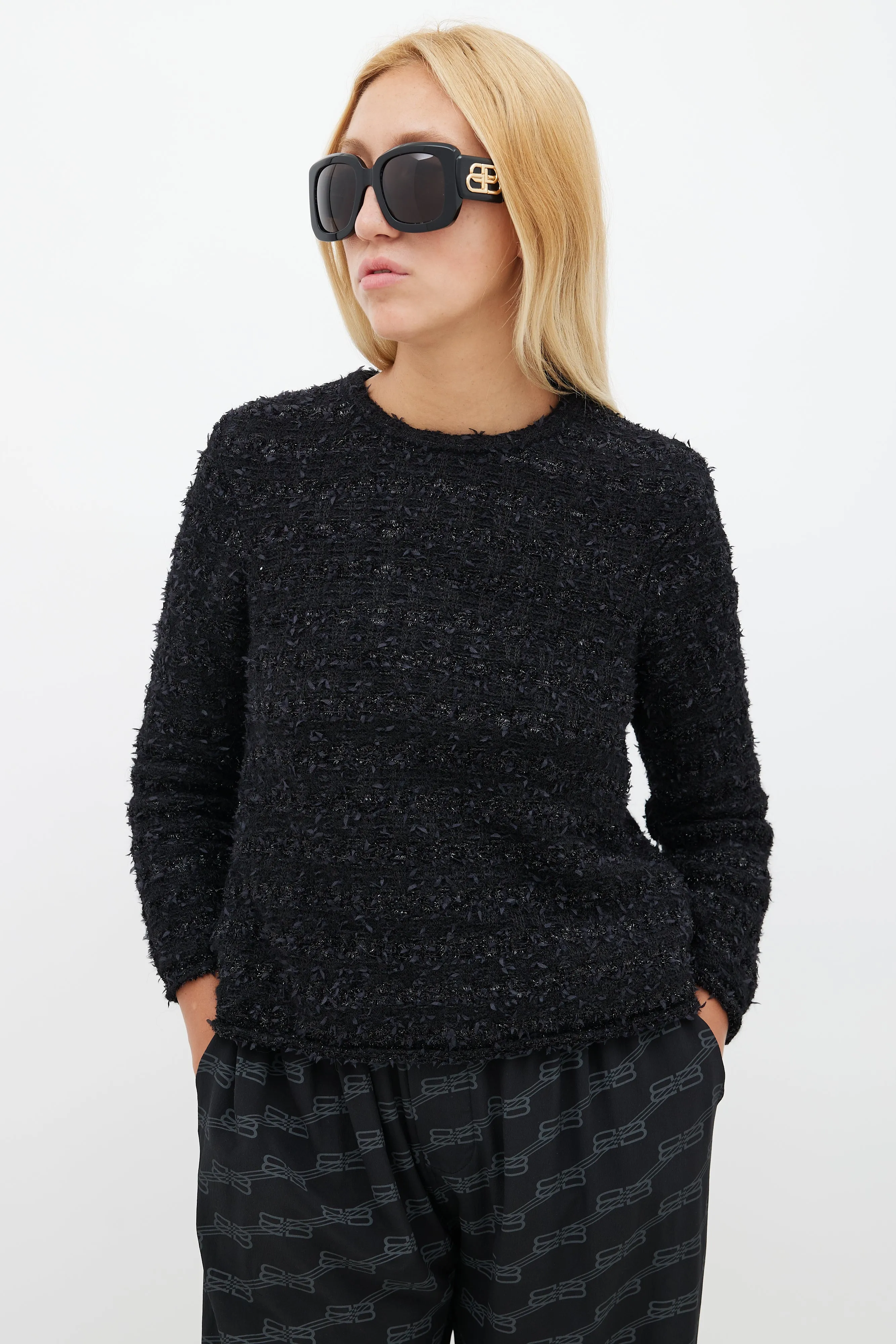 Black Tweed Button Back Sweater