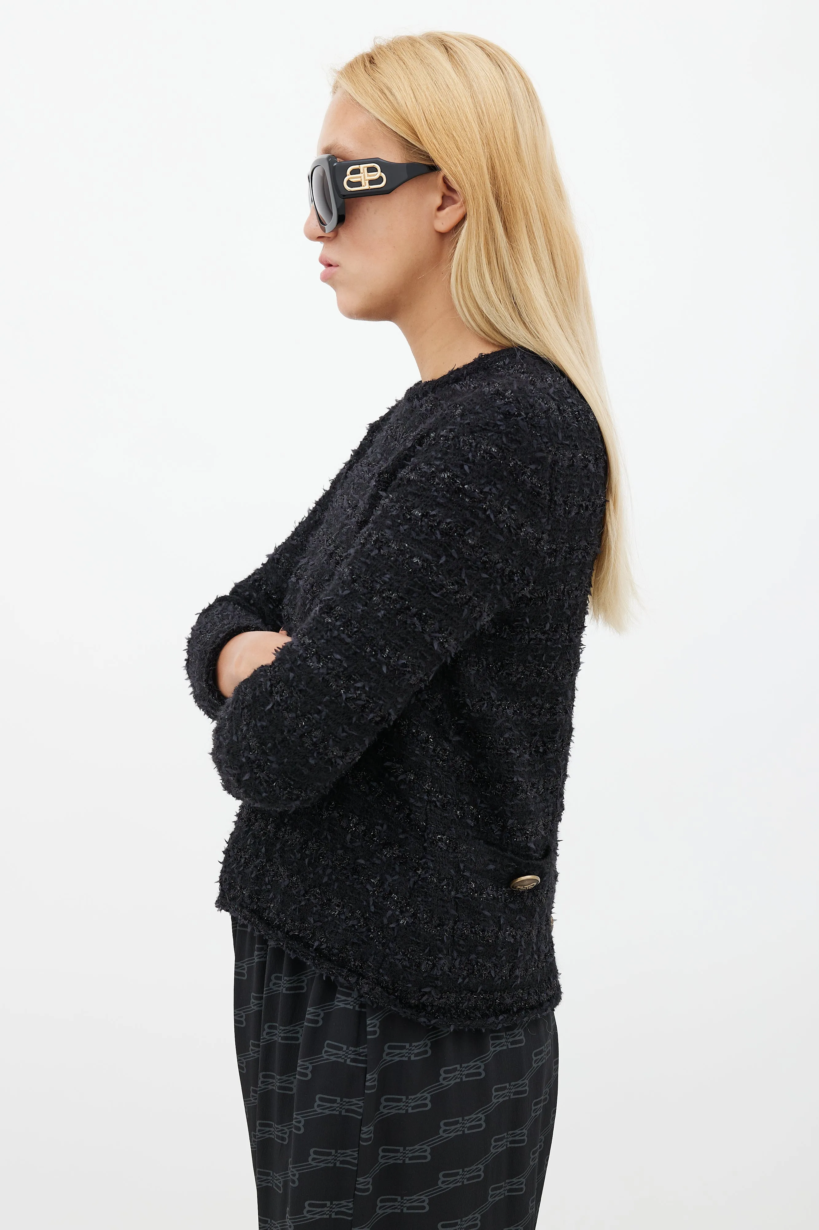 Black Tweed Button Back Sweater