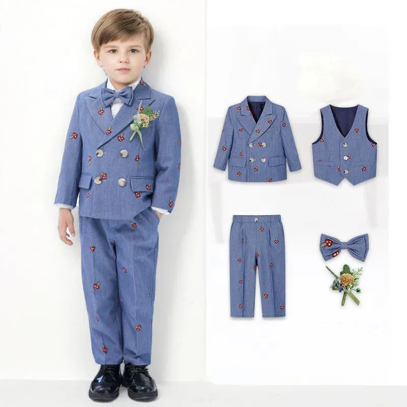 Blue Bowtie Kid Vest Outfit Blazer Pants Costumes