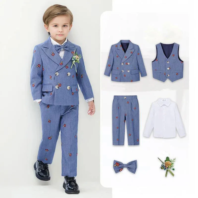 Blue Bowtie Kid Vest Outfit Blazer Pants Costumes