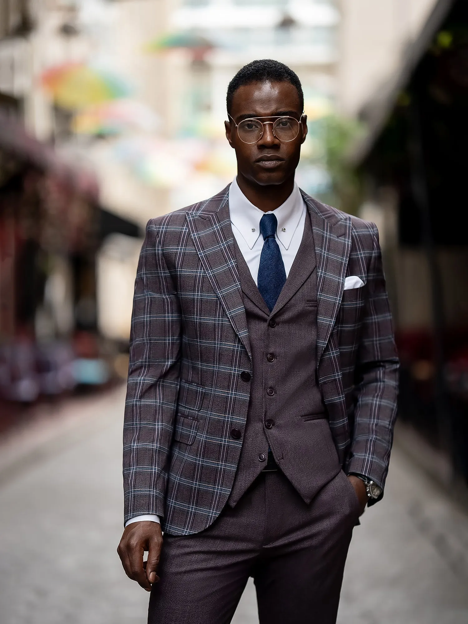 Bordeaux Plaid Slim-Fit Suit 3-Piece