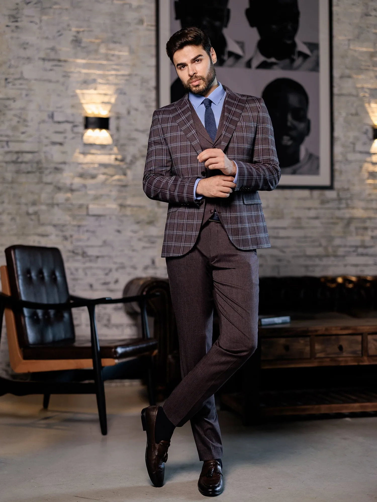 Bordeaux Plaid Slim-Fit Suit 3-Piece