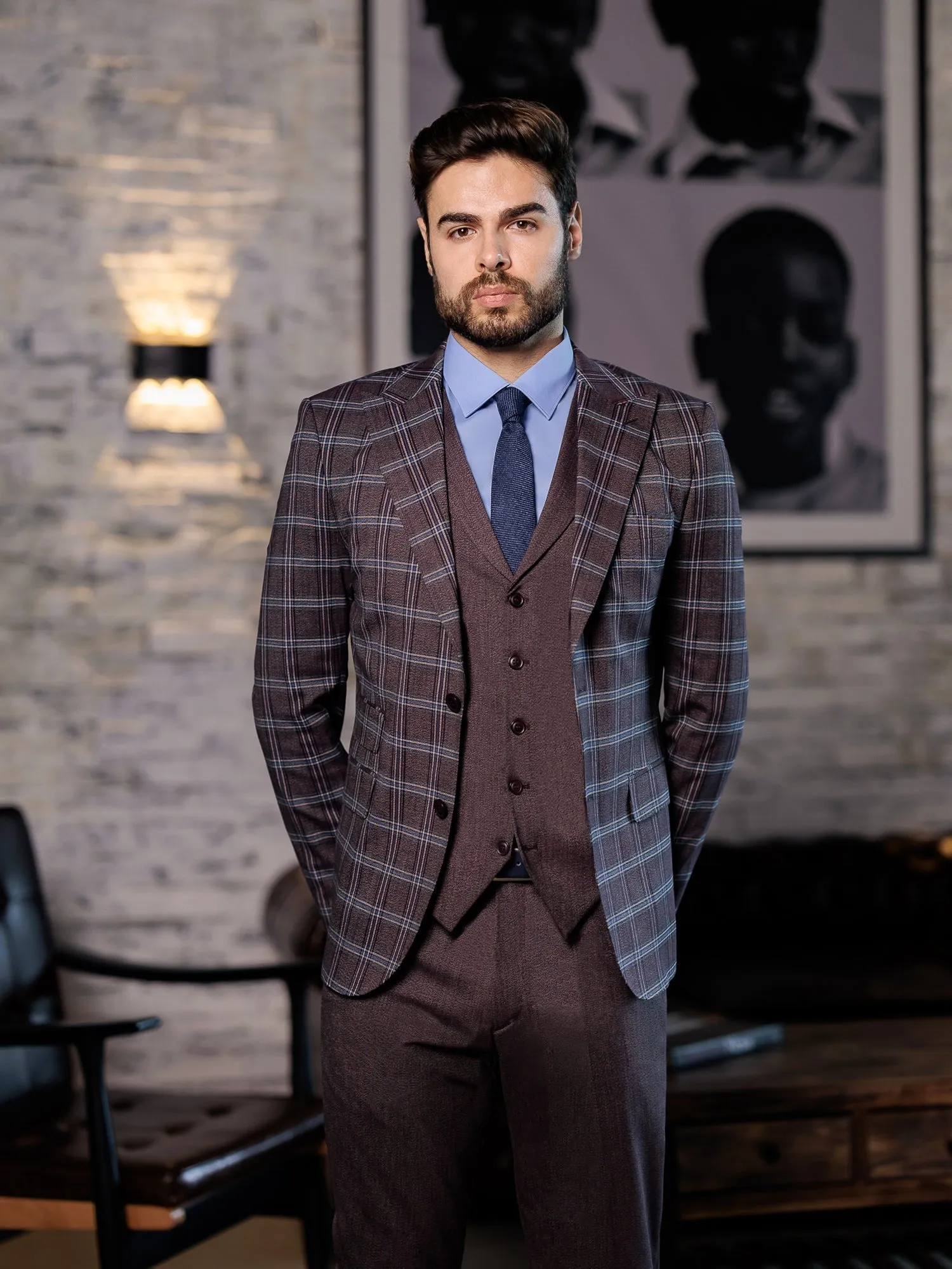 Bordeaux Plaid Slim-Fit Suit 3-Piece