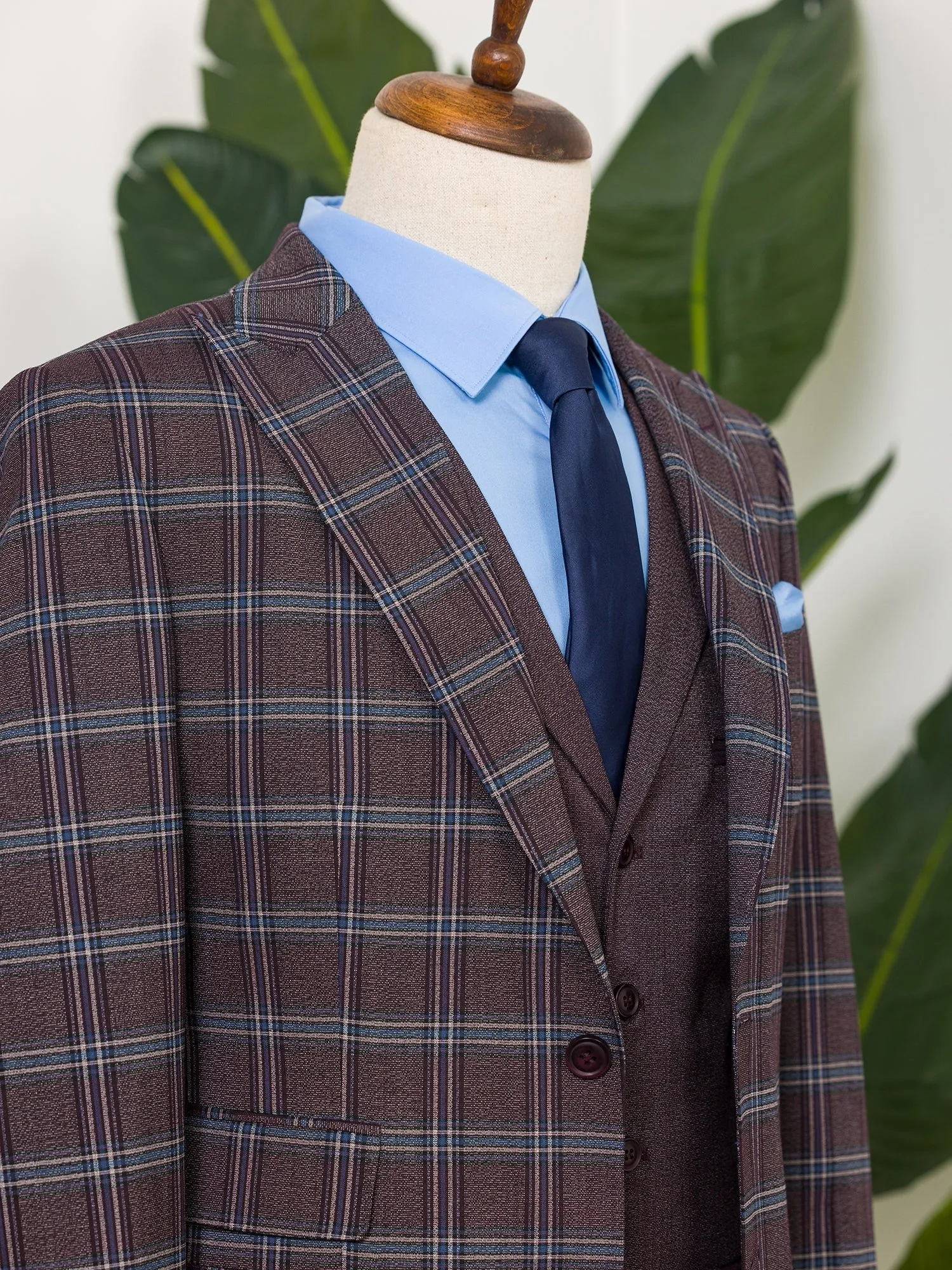 Bordeaux Plaid Slim-Fit Suit 3-Piece