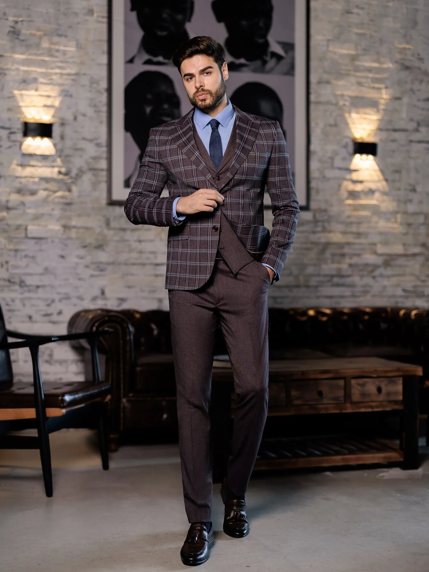 Bordeaux Plaid Slim-Fit Suit 3-Piece