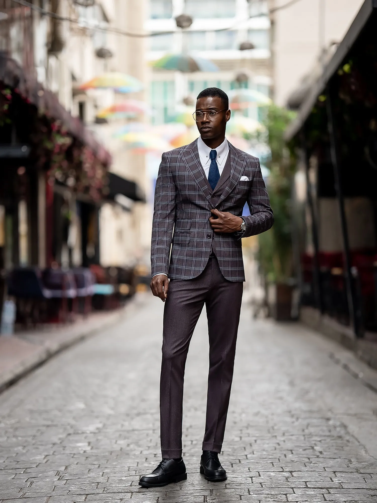 Bordeaux Plaid Slim-Fit Suit 3-Piece