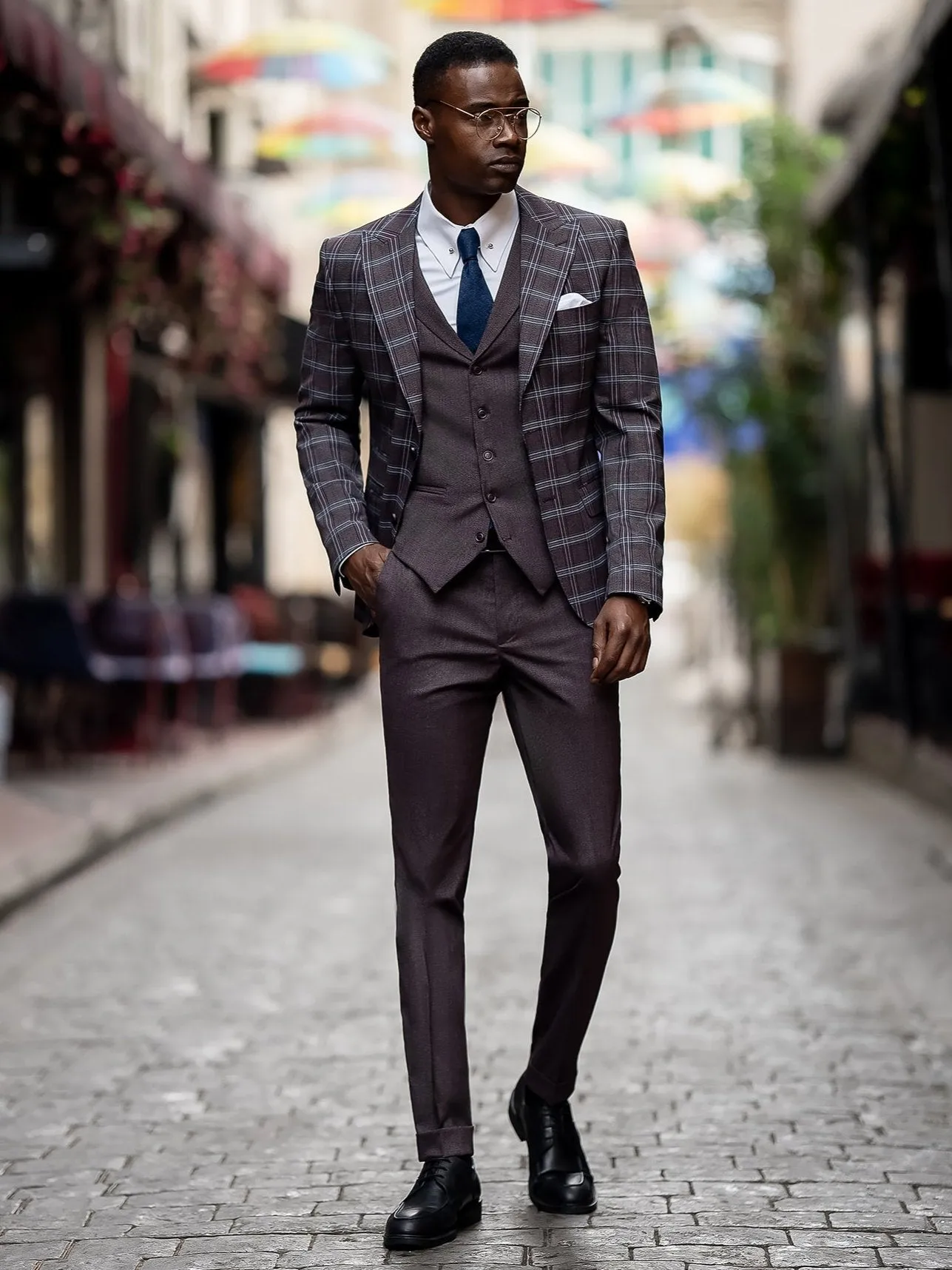 Bordeaux Plaid Slim-Fit Suit 3-Piece