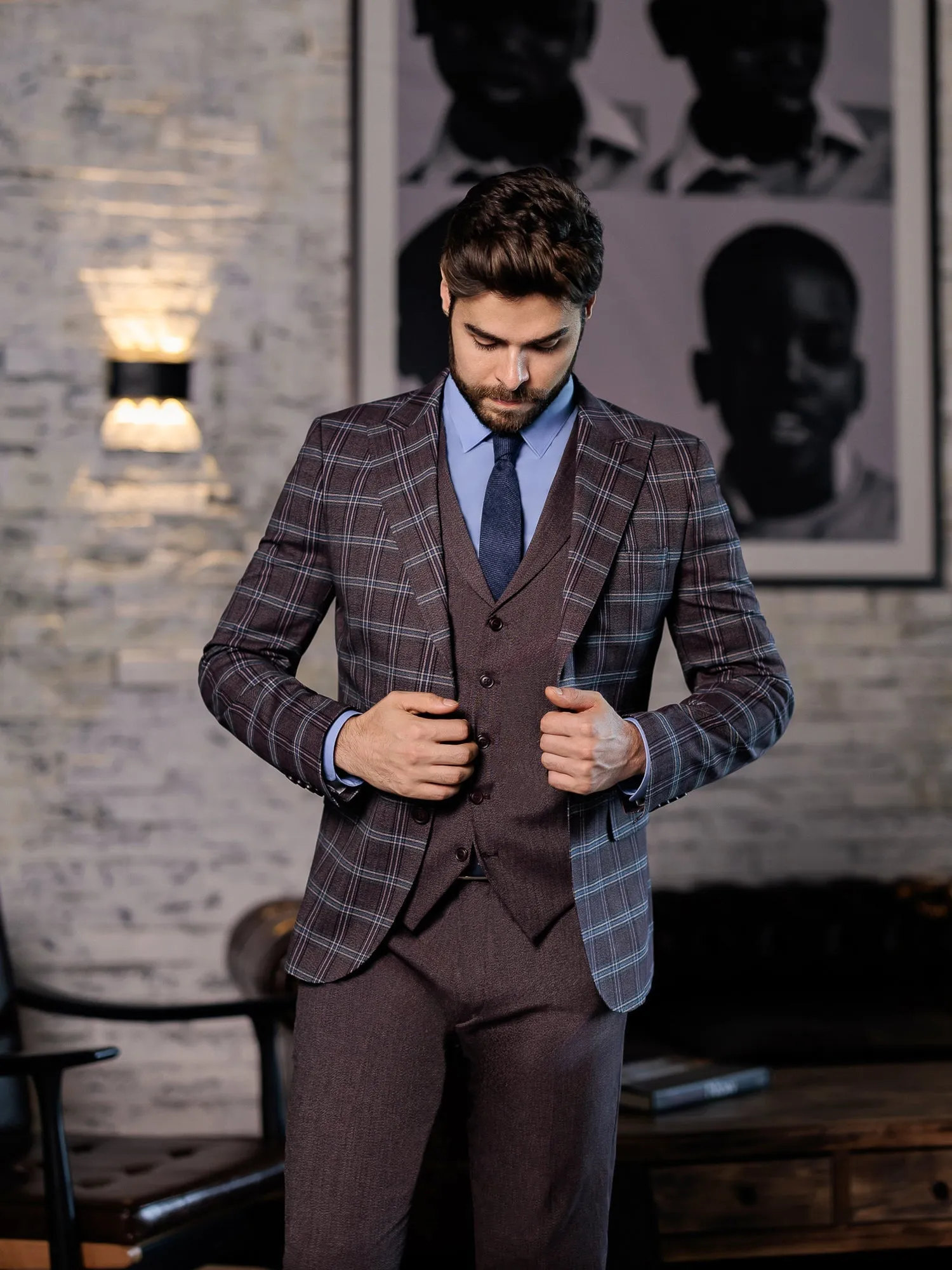 Bordeaux Plaid Slim-Fit Suit 3-Piece