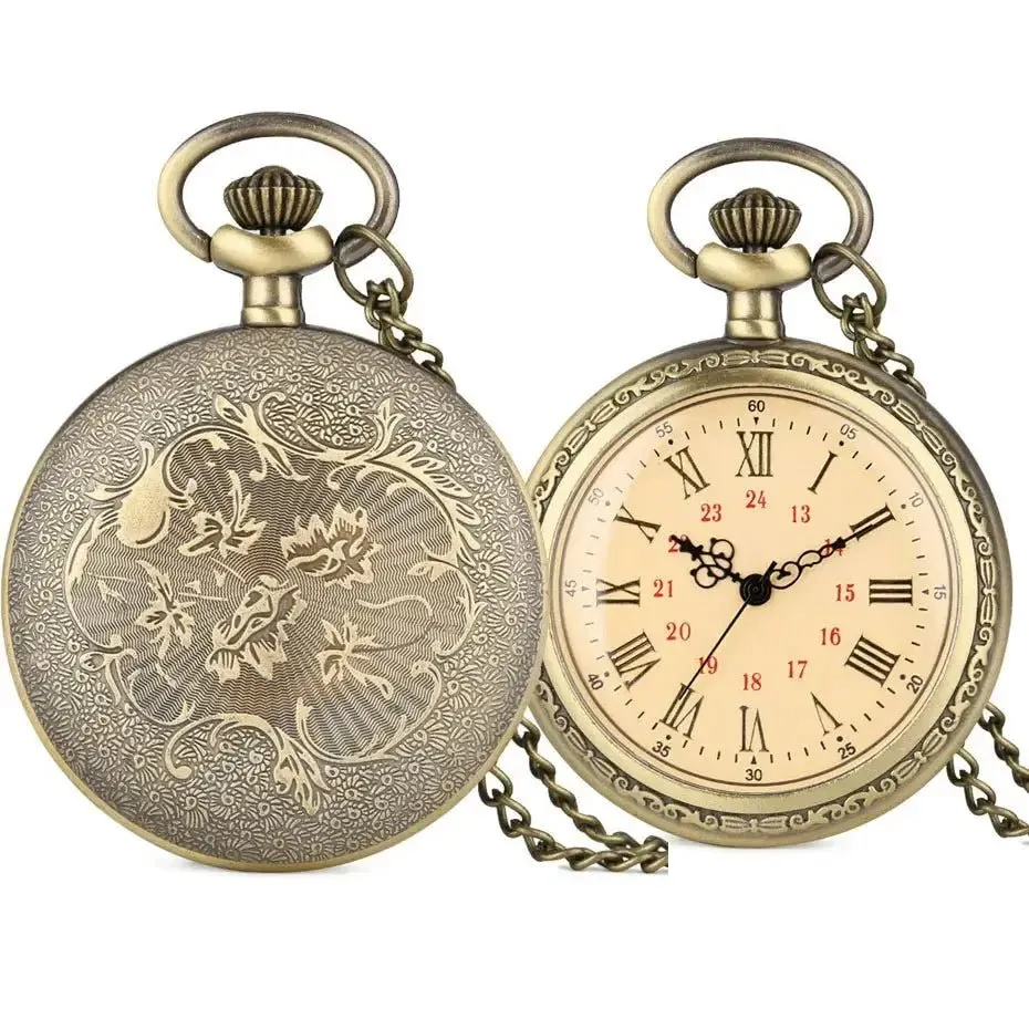 Bronze Retro Roman Numerals Display Quartz Pocket Watch Vintage Pendant Clock for Men Women Fob Sweater Chain /Hanging Chain