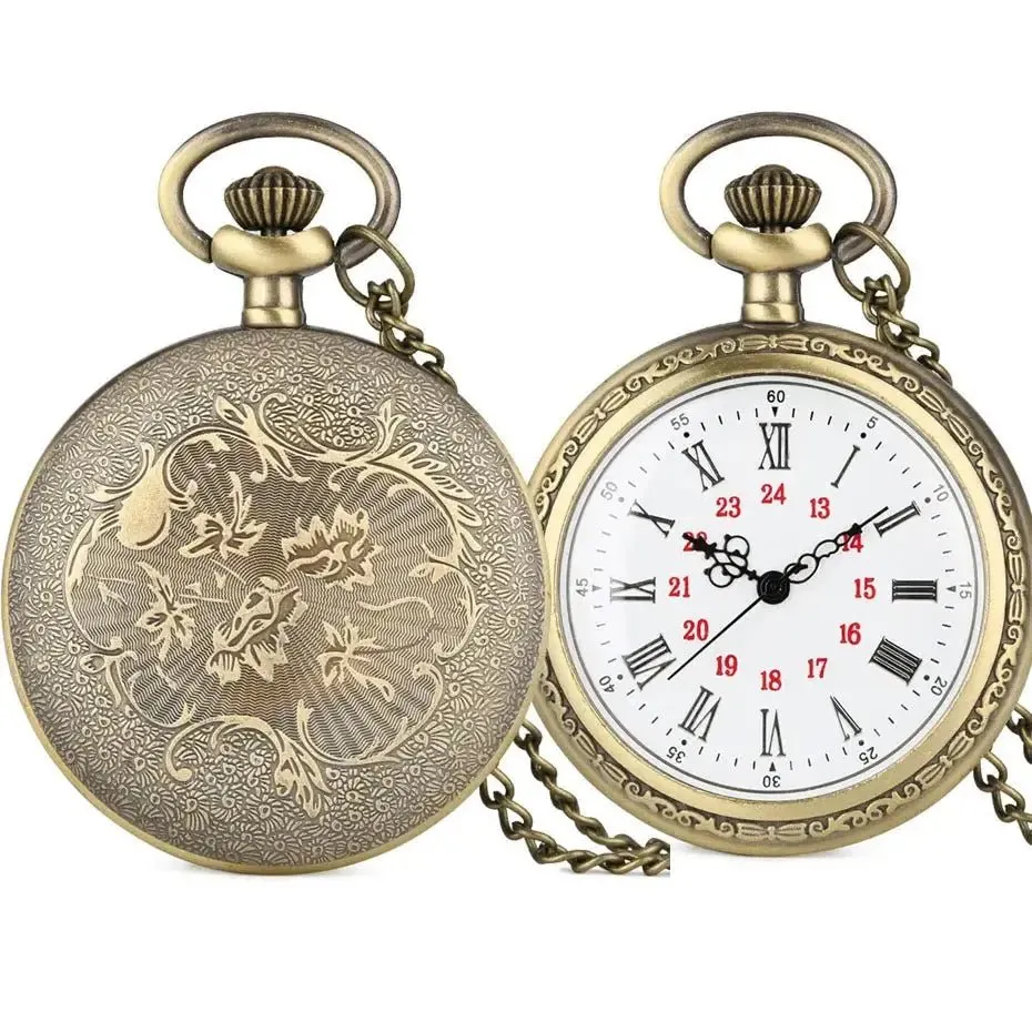 Bronze Retro Roman Numerals Display Quartz Pocket Watch Vintage Pendant Clock for Men Women Fob Sweater Chain /Hanging Chain