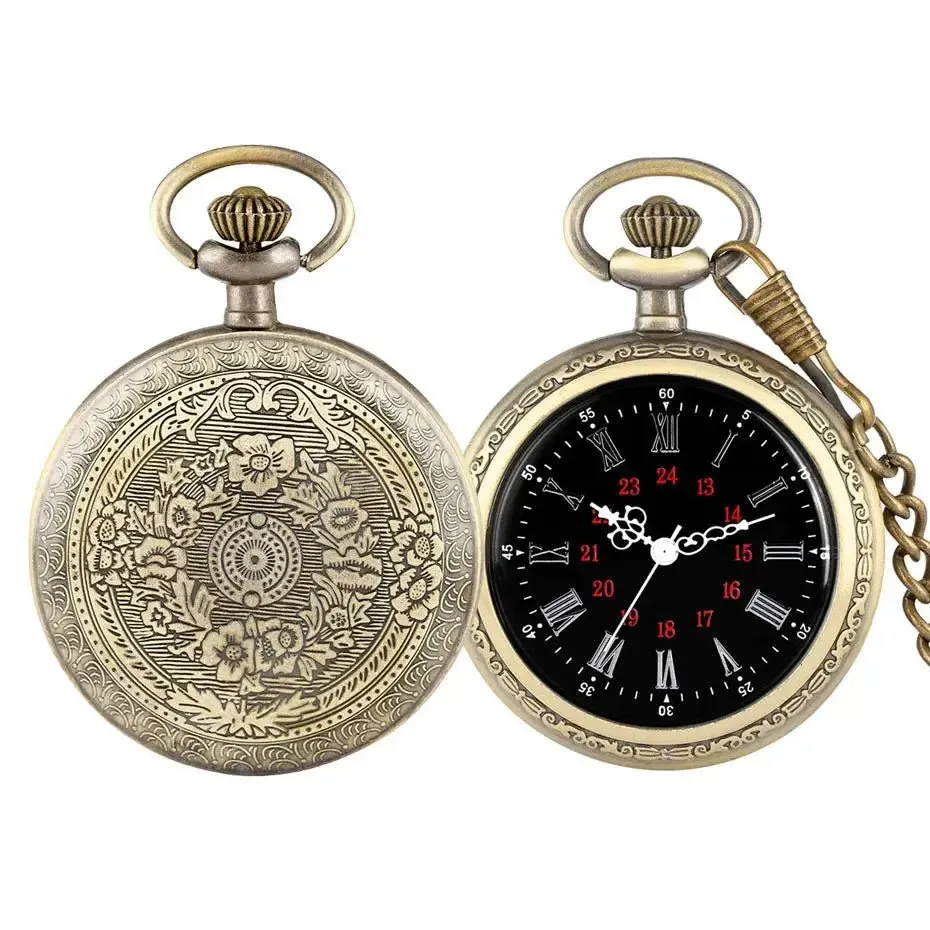 Bronze Retro Roman Numerals Display Quartz Pocket Watch Vintage Pendant Clock for Men Women Fob Sweater Chain /Hanging Chain