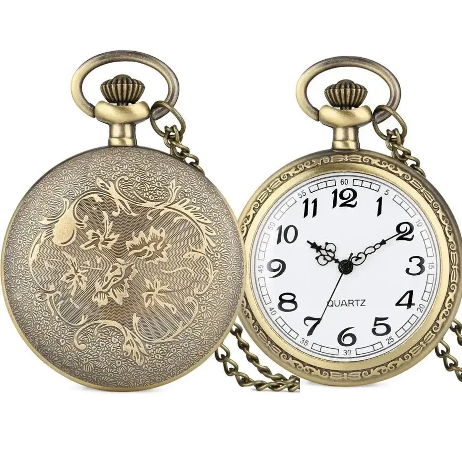 Bronze Retro Roman Numerals Display Quartz Pocket Watch Vintage Pendant Clock for Men Women Fob Sweater Chain /Hanging Chain